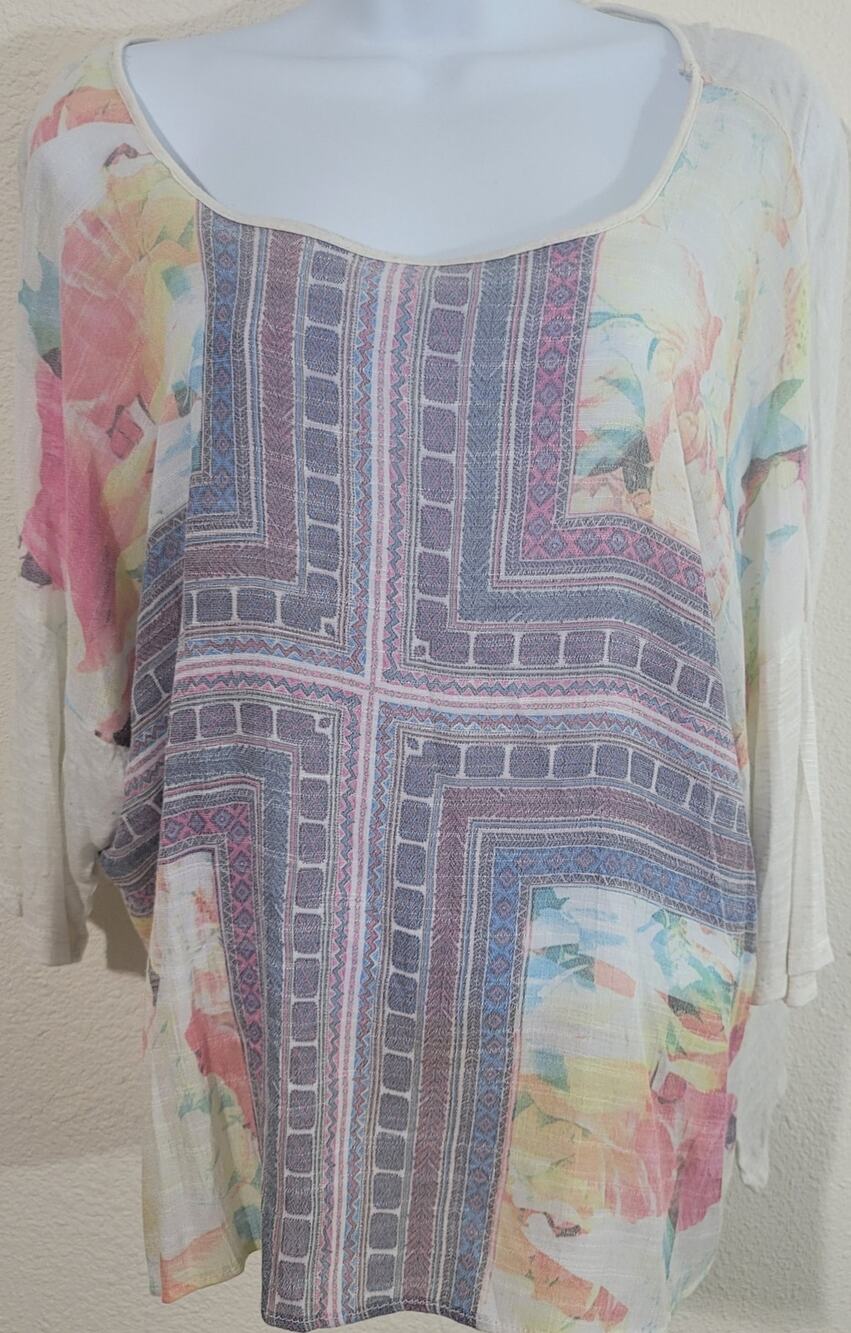 Bobeau Cream Pink Purple Floral Slub Knit Top M 3/4 Drop Sleeves Lightweight